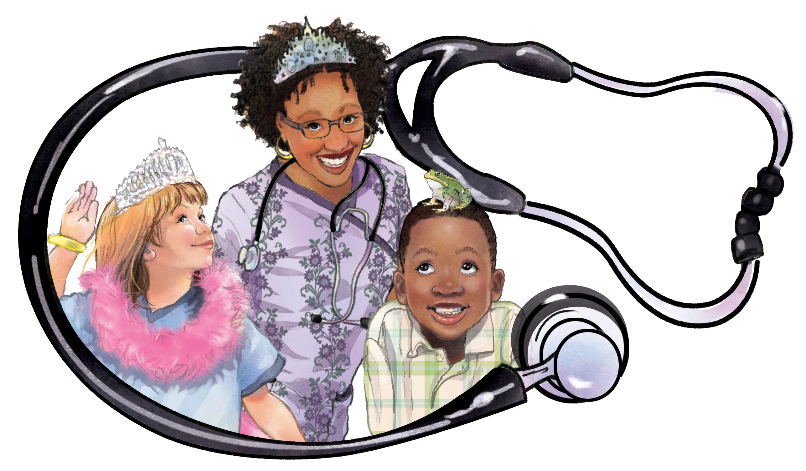 A woman and two children are standing in front of a stethoscope.