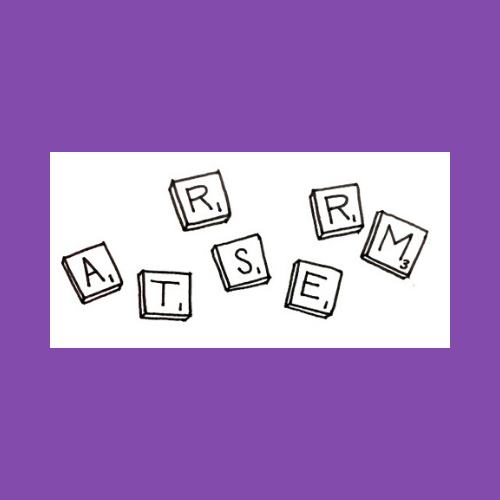 A purple background with the letters arrm and atsem written in scrabble tiles.