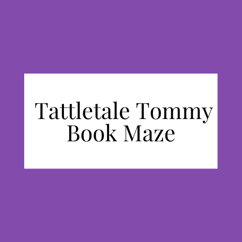 A purple square with the words tattletale tommy book maze written in it.