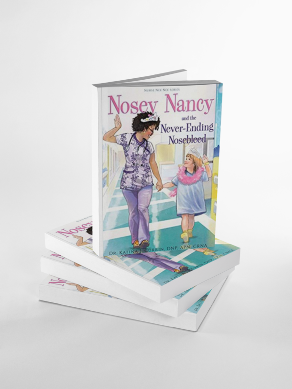 A stack of books with the cover for nosey nancy and her never-ending storybook.